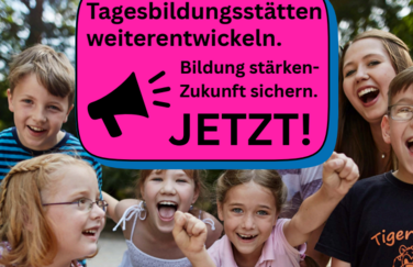 Es ist eine Gruppe von Kindern zu sehen sowie einen knalligen Pinken Störer zum Demoaufruf