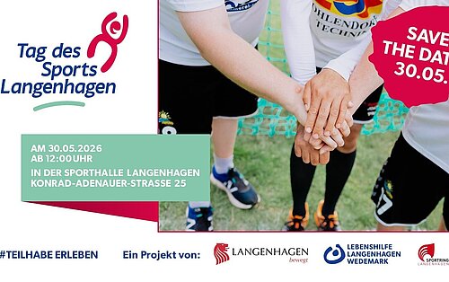 eine Karte mit dem Logo des Tag des Sports Langenhagen, Ort- und Zeitangaben zu der Veranstaltung und ein Bild auf dem drei aufeinanderliegende Hände zu sehen sind.